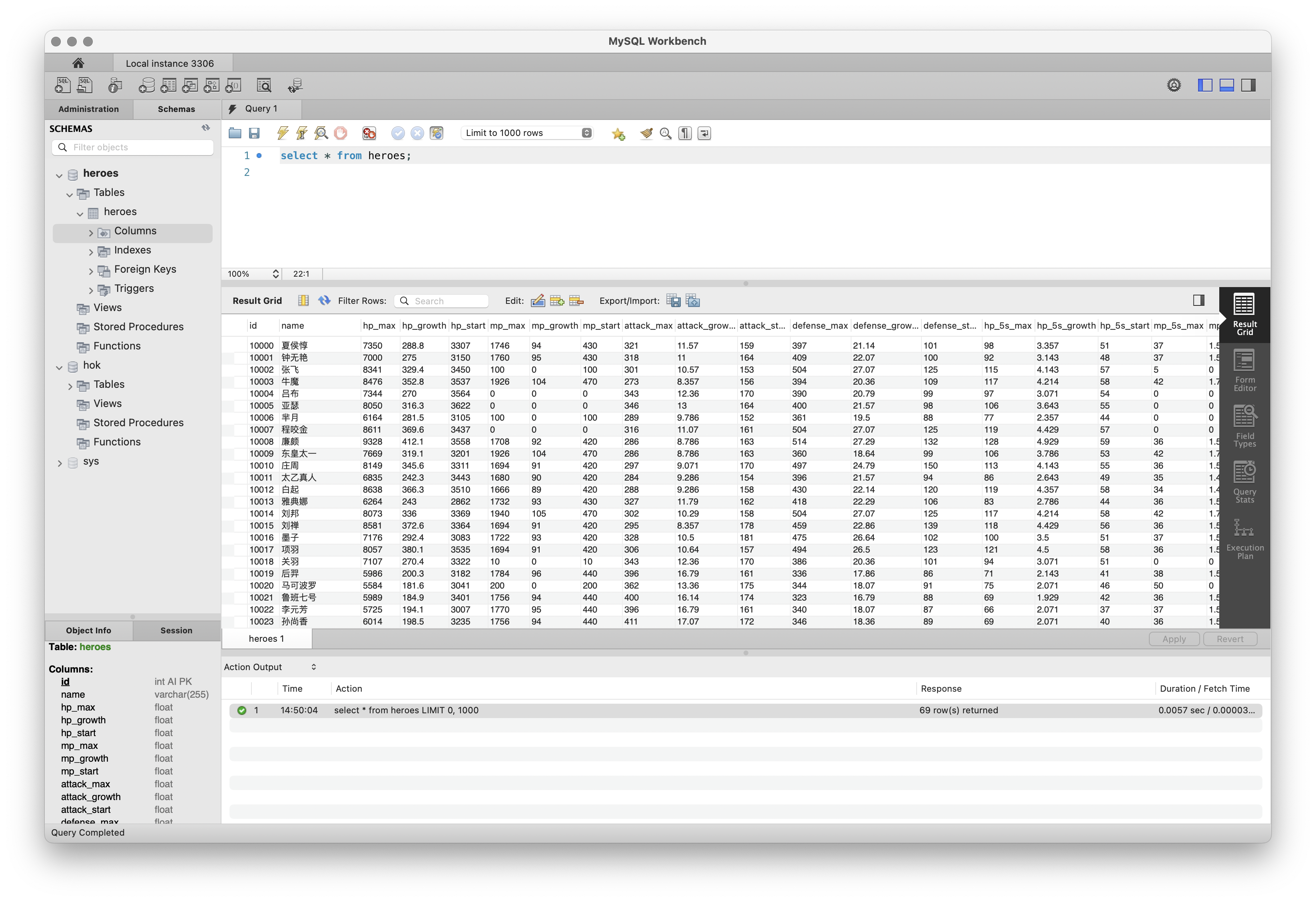 MySQL WorkBench 中的英雄表数据