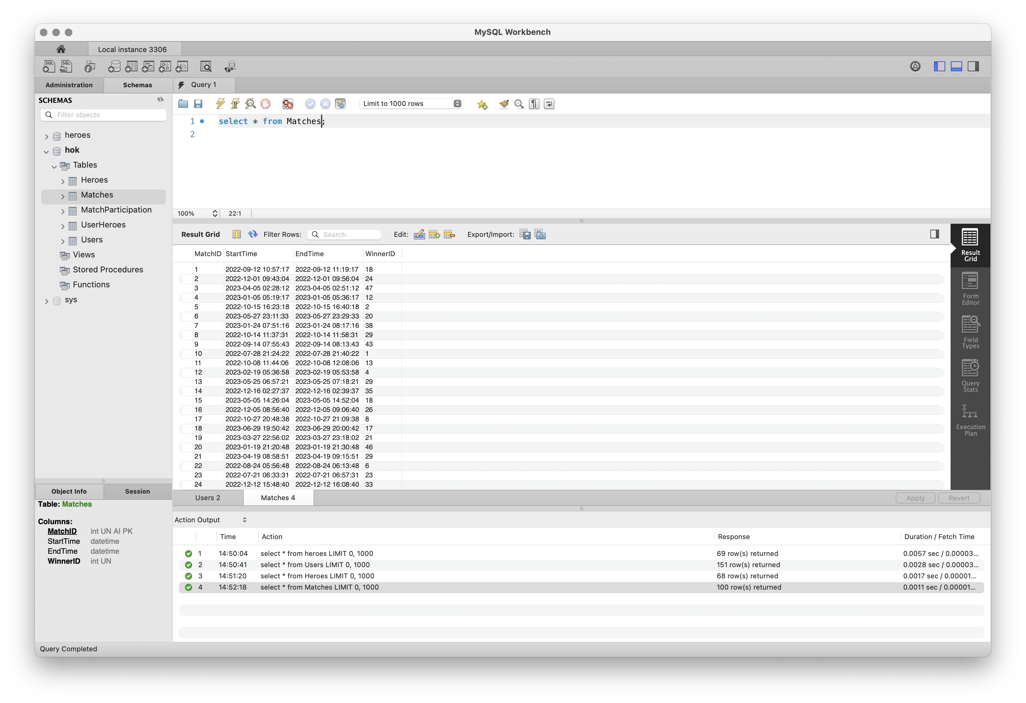 MySQL WorkBench 中的对局表数据