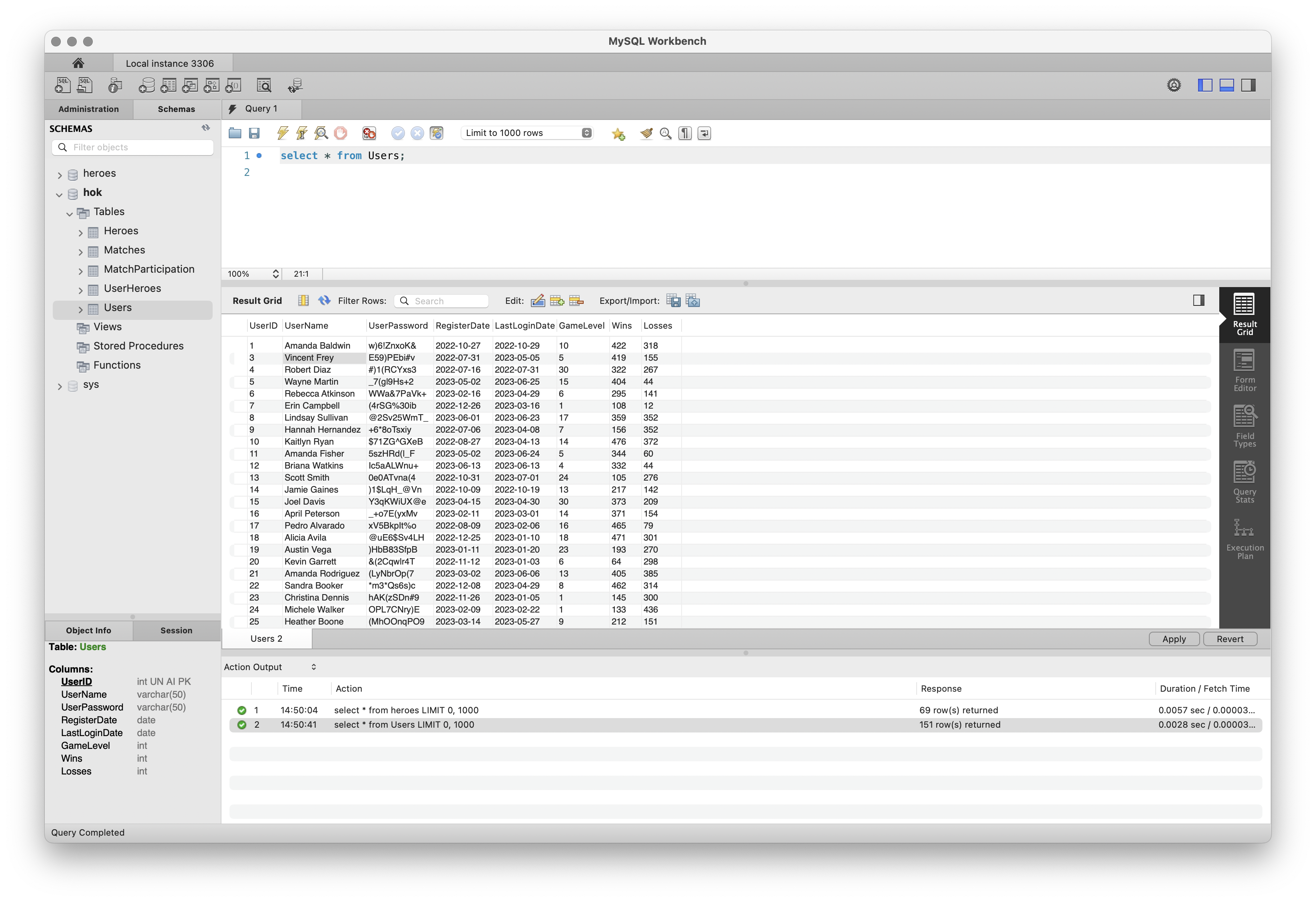 MySQL WorkBench 中的用户表数据