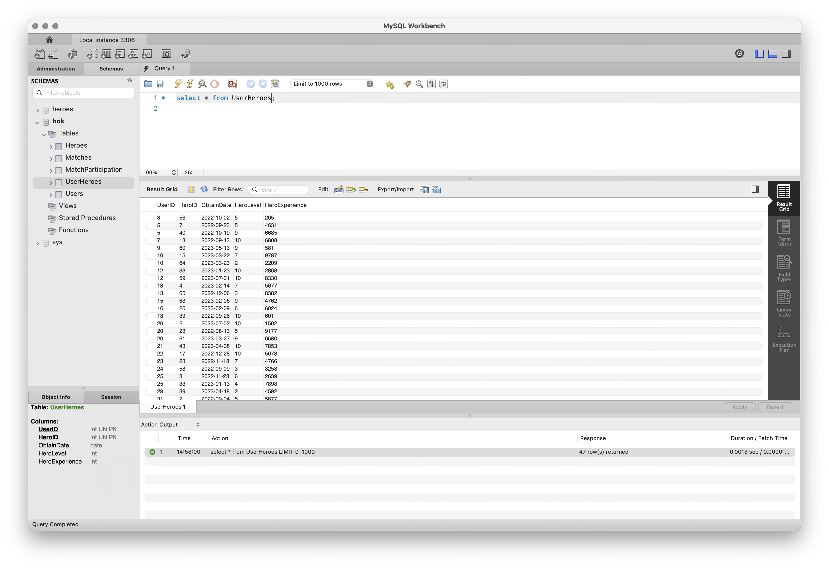 MySQL WorkBench 中的用户英雄表数据