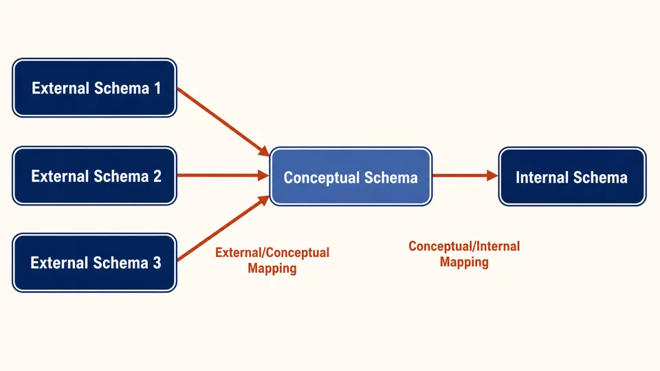 Three-schema architecture connecting external schemas, the conceptual schema, and the internal schema