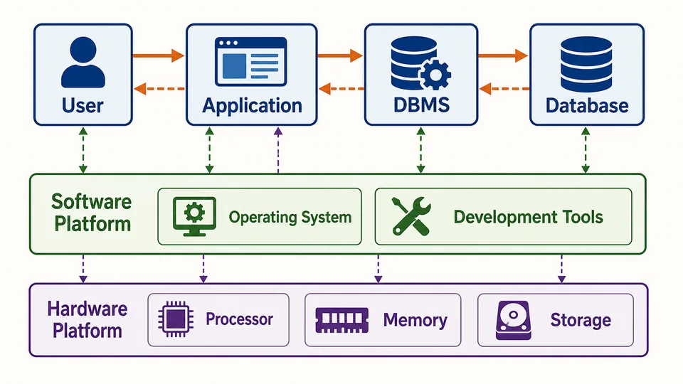 一次业务请求从最终用户经应用系统和 DBMS 访问数据库,并由软件与硬件平台支撑