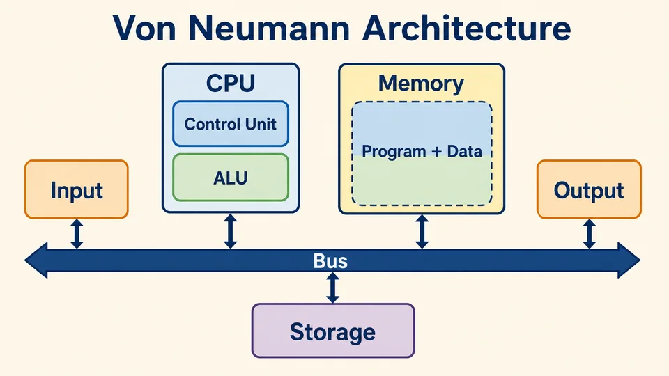 冯诺依曼结构示意:输入、输出、CPU、内存、总线和持久存储共同构成计算基础