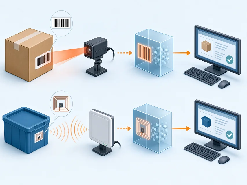 上方条码光学识别链与下方 RFID 射频交互链的对照图