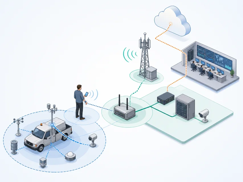 物联网应用组合 PAN、LAN、网关和 WAN 完成端到端路径的示意