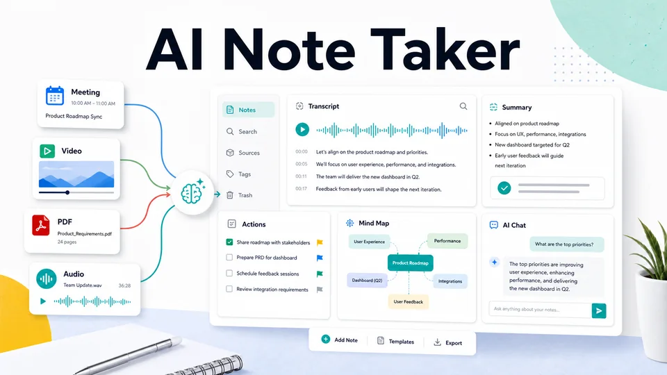 AI 笔记工具把会议、视频、PDF 和音频整理为转写、摘要与行动项